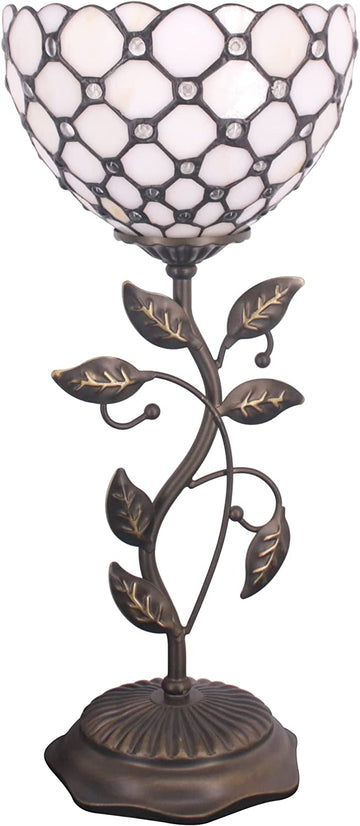 WERFACTORY Small Tiffany Table Lamp 8" Stained Glass Crystal Bead Style Shade 19" Tall Antique Vintage Metal Leaf Base Mini Bedside Accent Desk Torchiere Uplight